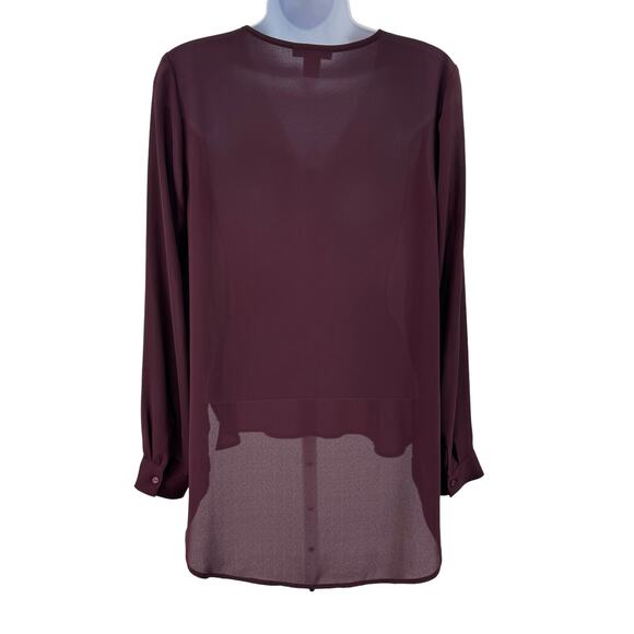 Bar III Burgundy Long Sleeve V-Neck Chiffon Blouse Womens S Hi Low Relaxed Fit - Picture 3 of 8
